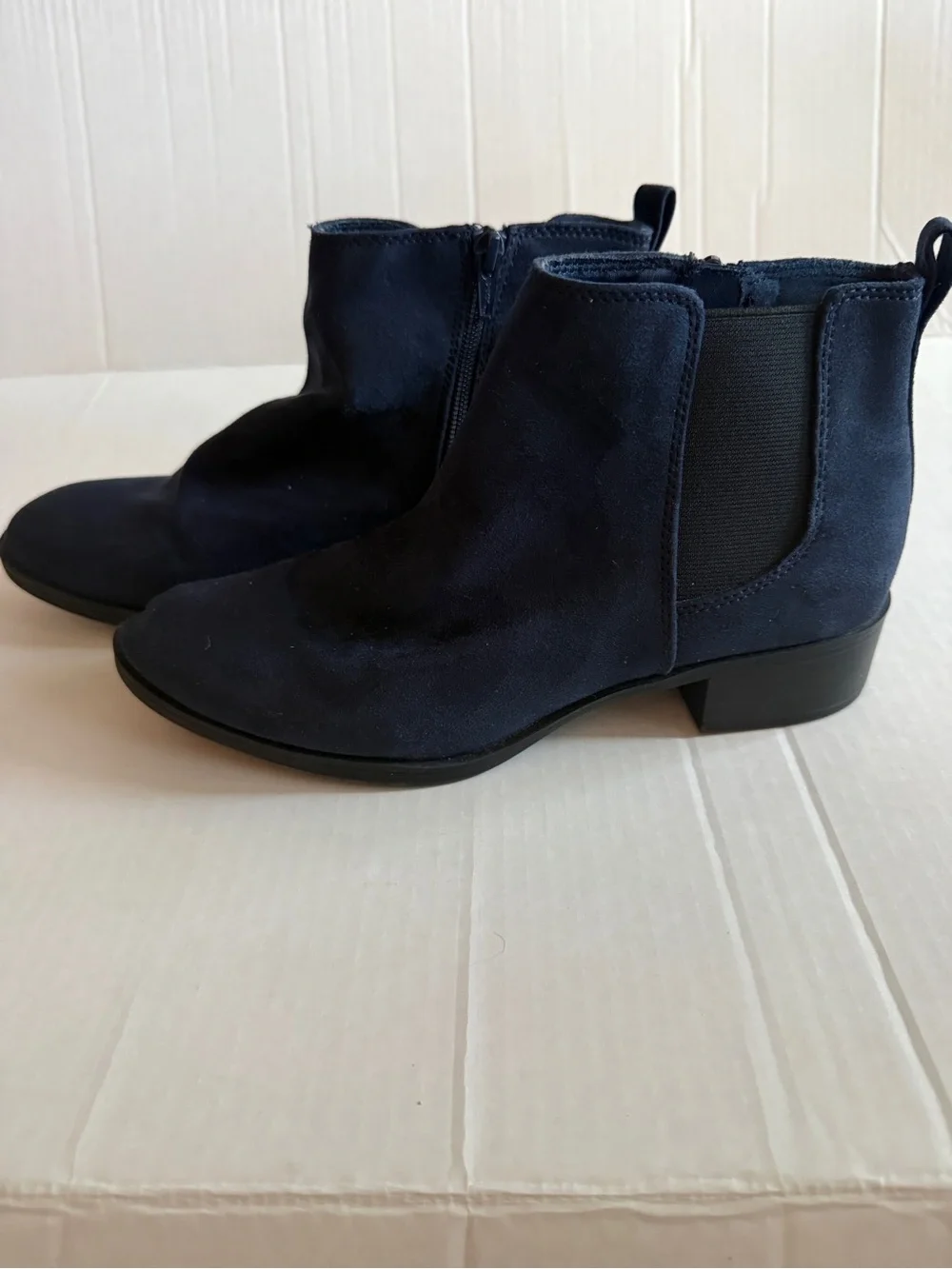 SO Navy Suede Ankle Booties with Elastic Gore